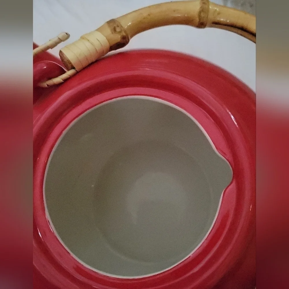 Pottery Barn Rare Vintage Sausalito Red Tea Pot with Bamboo Handle - Picture 4 of 11